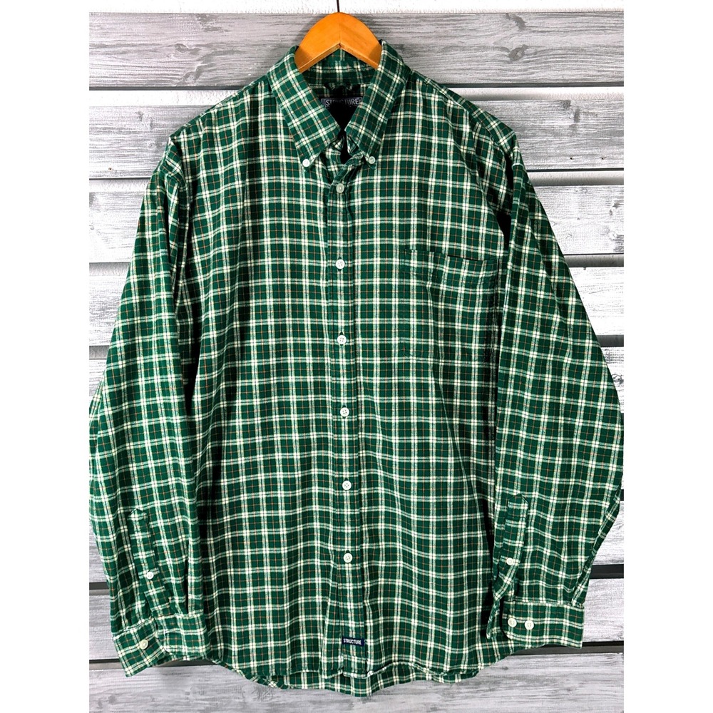 Structure Mens Green Plaid Flannel Button Down Shirt Long Sleeve Large Vtg y2k